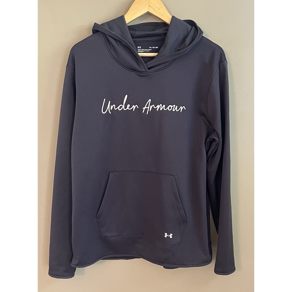 Under Armour Womens XL Loose Fit Script Logo Fleece Hoodie Gray Pullover